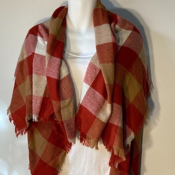 Scarf or Wrap Oversized Red & Camel color block plaid large soft comfy war - Picture 2 of 5
